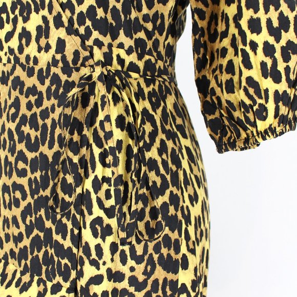 Ganni Leopard Print Cotton Wrap Dress 34 High Low Ruffle Hem Puffy Sleeve Small - Picture 6 of 9